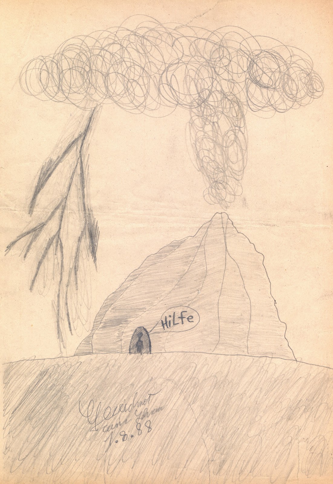 Bleistiftzeichnung - Man am Vulkan bei Gewitter (Hilfe) (1988-08-01)