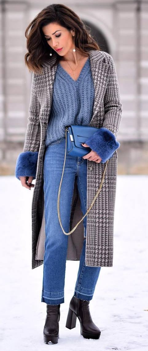 what to wear with a knit sweater : bag + plaid coat + jeans + boots