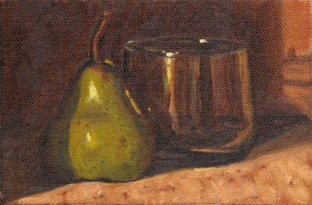 Oil painting of a pear next to a short glass.