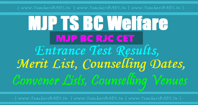 MJP BC RJC CET,MJP TS BC Welfare Entrance test Results, Merit list, Counselling dates, Convener Lists, Counselling Venues MJP BC RJC CET,MJP TS BC Welfare Entrance test Results, Merit list, Counselling dates, Convener Lists, Counselling Venues