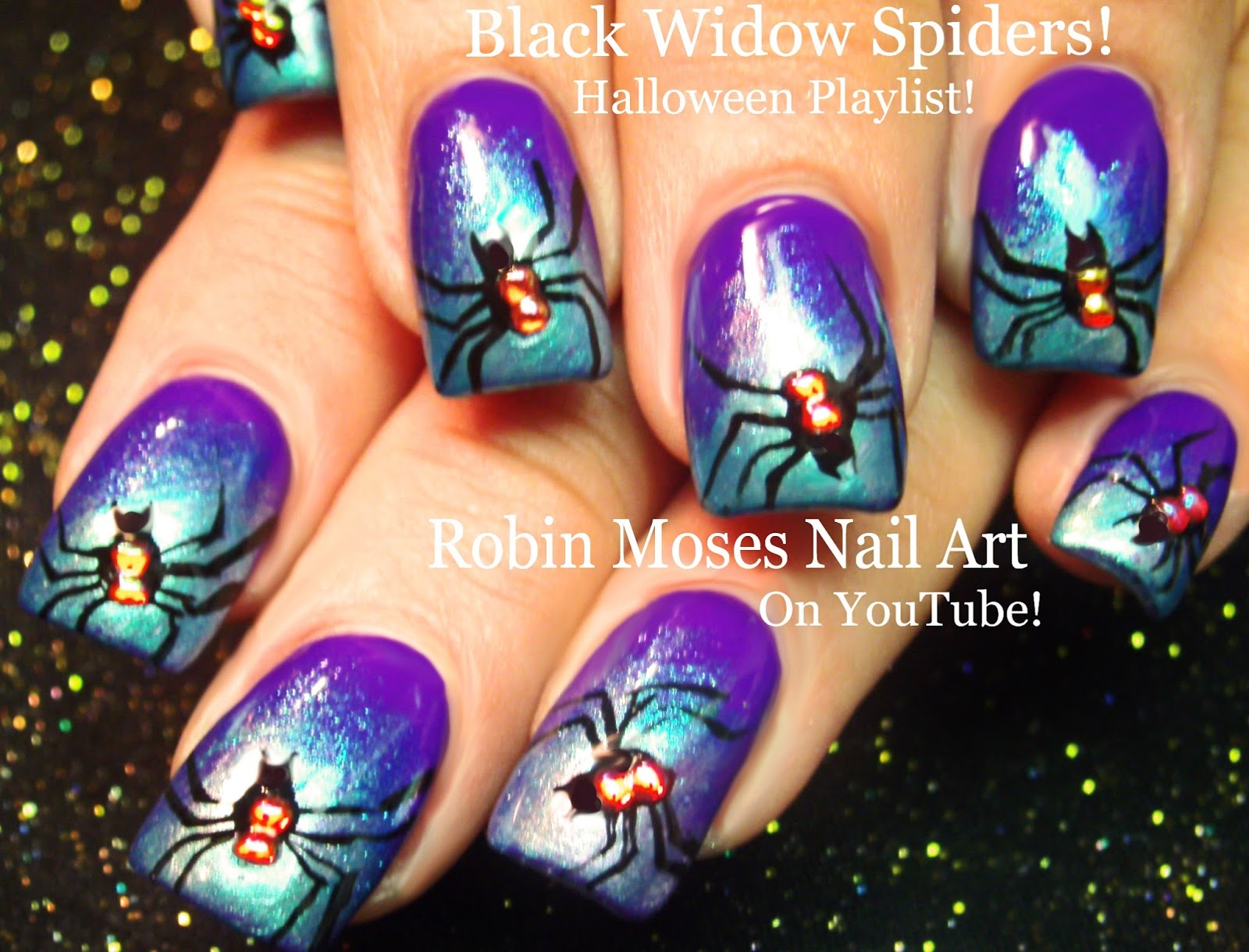 Nail Art by Robin Moses SPIDER NAILS! "black widow nails" "spider nail
