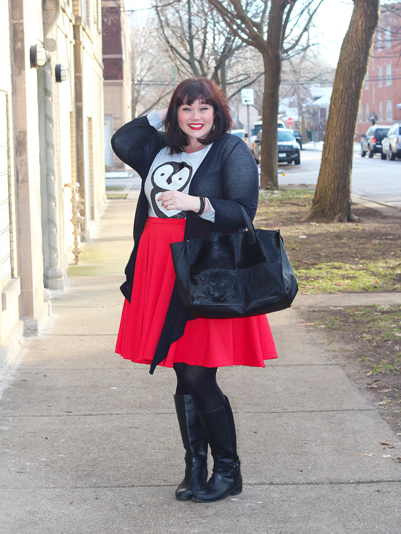 Quirky Plus Size OOTD: Penguin Shirt and Red Skater Skirt