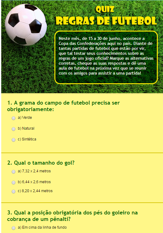 Quiz sobre conhecimentos do futebol.