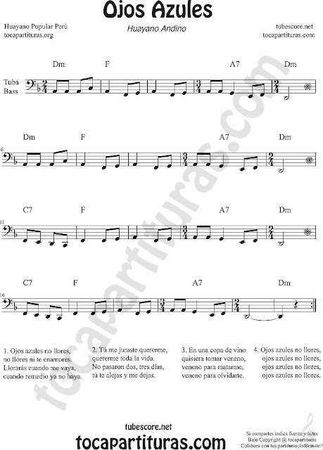  Partitura de Ojos Azules Tuba Elicón y Contrabajo (Clave de Fa en 8ª Baja) Sheet Music for Contrabass & Tuba Music Score