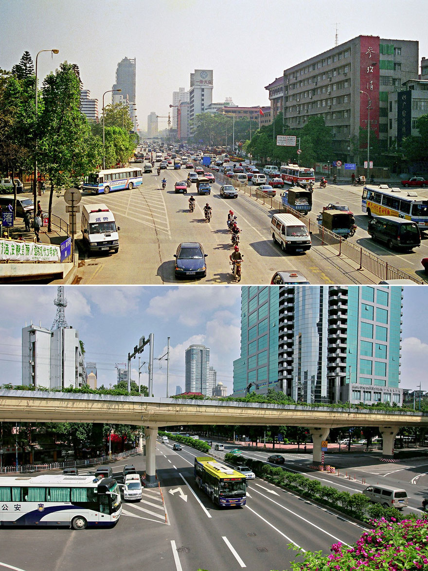 Центральная улица Гуанчжоу в 1999 и 2015 годах.