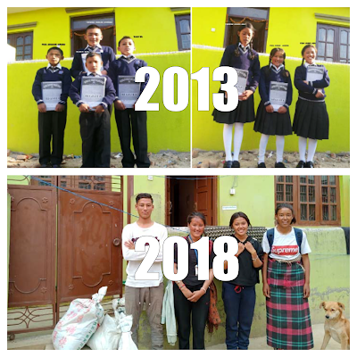 Above, Lhadon, Lhamo, Mingdi and Sonam in 2013 and below in 2018.