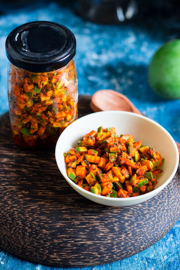 Instant Indian spicy pickle made with raw mangoes recipe