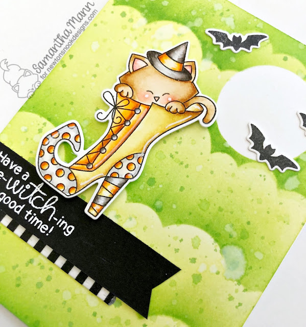 Be-Witch-ing Newton Card by Samantha Mann for Newton's Nook Designs, Distress Inks, Halloween, witch shoe, clouds, stencil, #newtonsnook #distressinks #halloween #cards