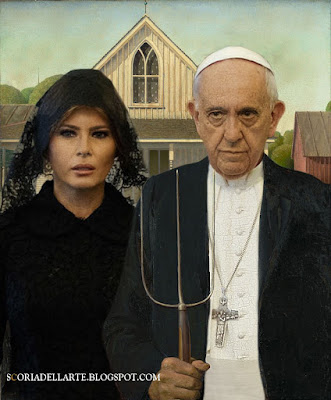 American Gothic - G. Wood Papa Francesco e Melania Trump- American Gothic-Grant Wood