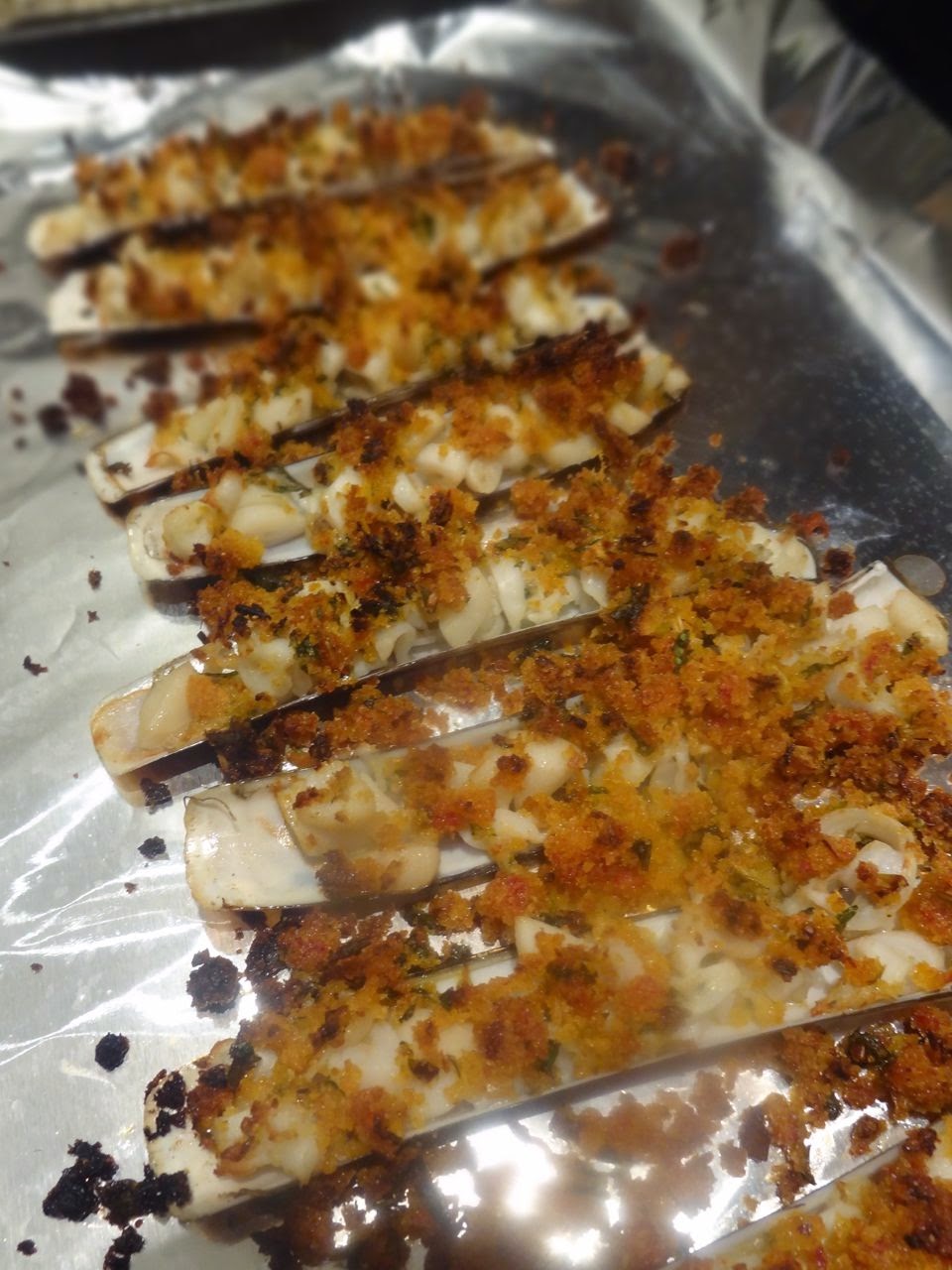 Scrumpdillyicious Baked Razor Clams with Sautéed Bread Crumbs