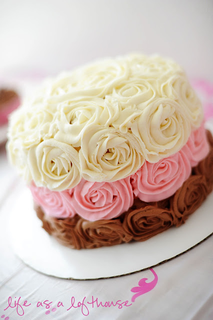 Neapolitan Cake has layers of chocolate, strawberry and vanilla cake and is decorated with buttercream rosettes. Life-in-the-Lofthouse.com