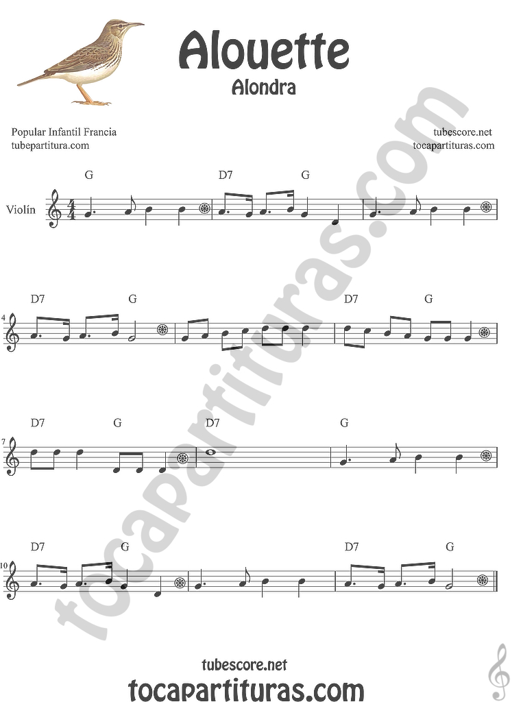 tocapartituras Alouette (Alondra) Canción infantil Partitura de Flauta