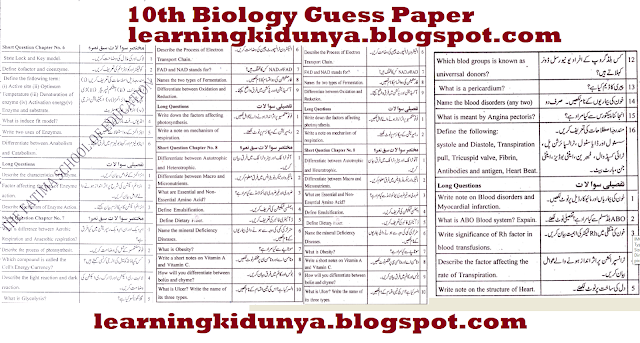 9th Class Biology Guess Paper 2019 learning ki dunya