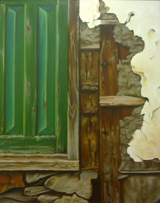 Cuadro al óleo de Cristina segura Puerta Rural de madera, pintora del estudio de pintura la magia de Rudi