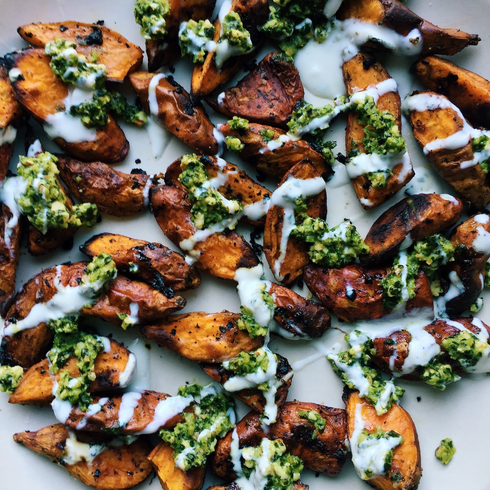 amour fou(d) sweet potatoes with yogurt and cilantrochile sauce.