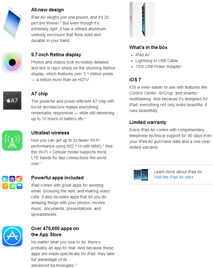 Apple iPad Air Specs Details