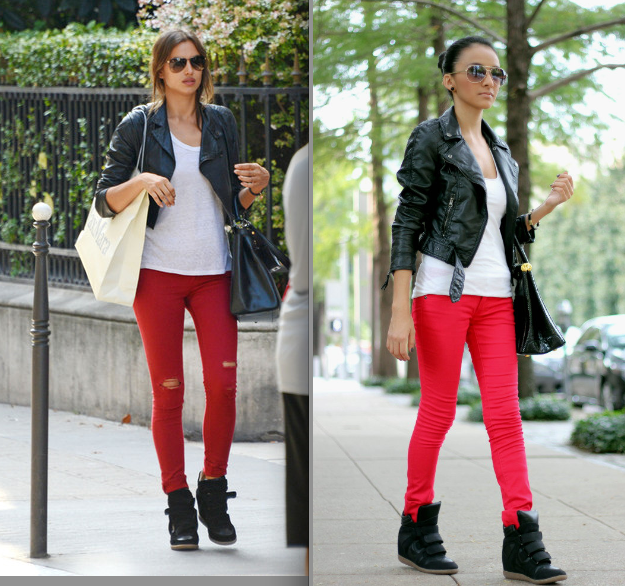 Get the same look for less Irina Shayk wedge sneakers & red jeans