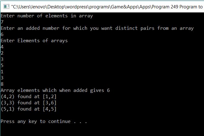 Program to display Array Pairs whose Sum is equal to a Number