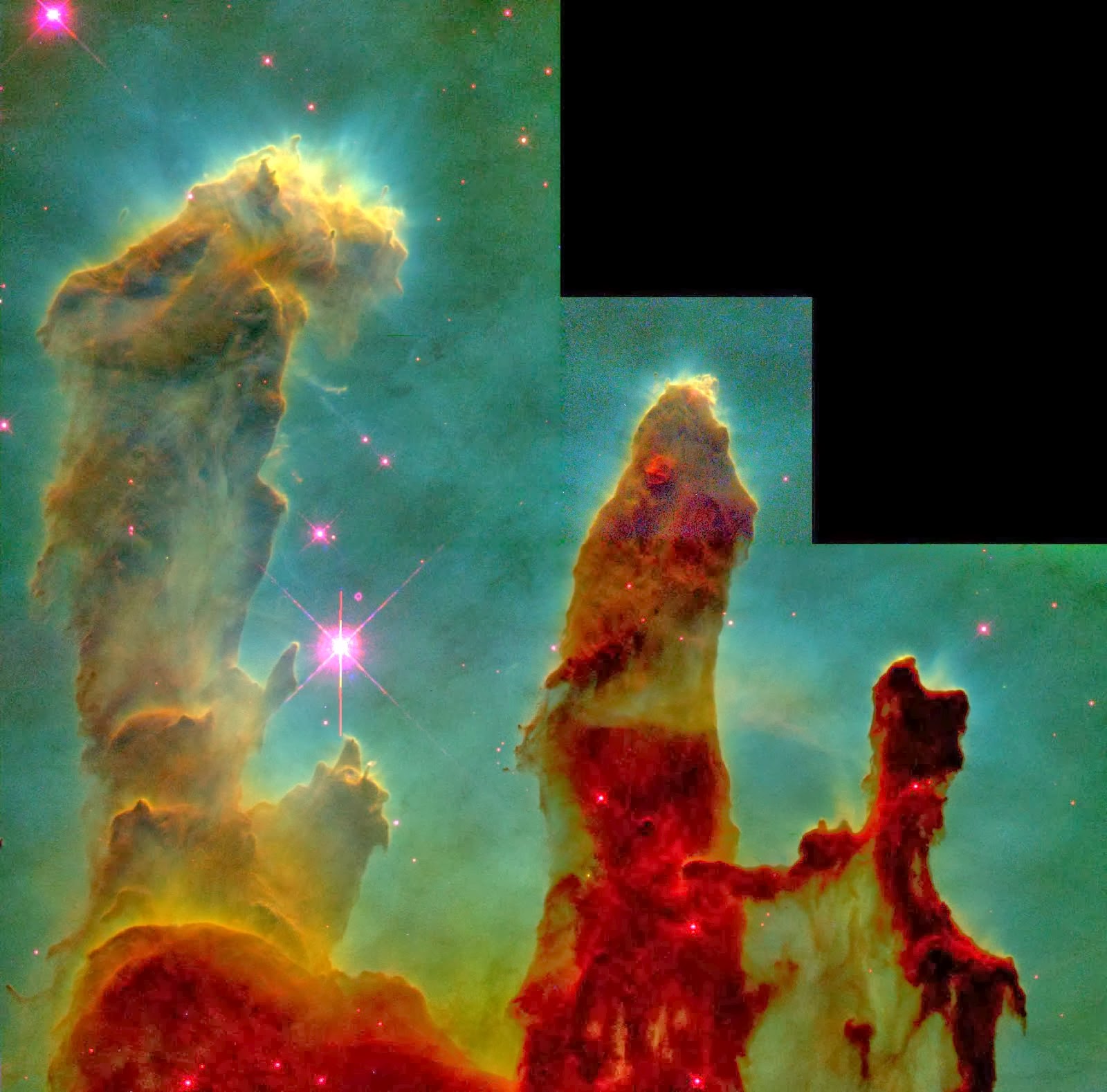 Os "Pilares da Criação" no interior da Nebulosa da Águia. http://hubblesite.org/newscenter/newsde