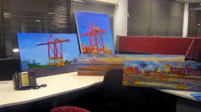 plein air oil painting by artist Jane Bennett of the last non automated straddle cranes operating at Patrick Terminal Port Botany