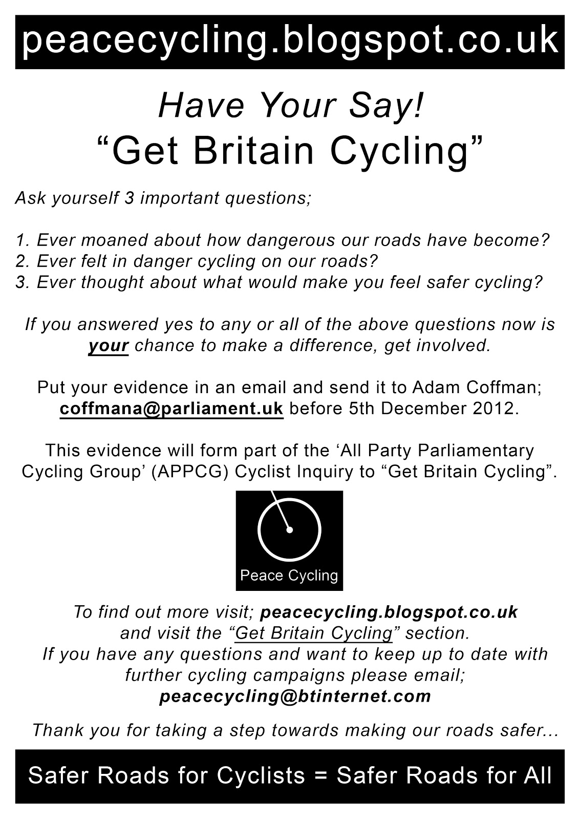 Peace Cycling GET BRITAIN CYCLING CAMPAIGN POSTER