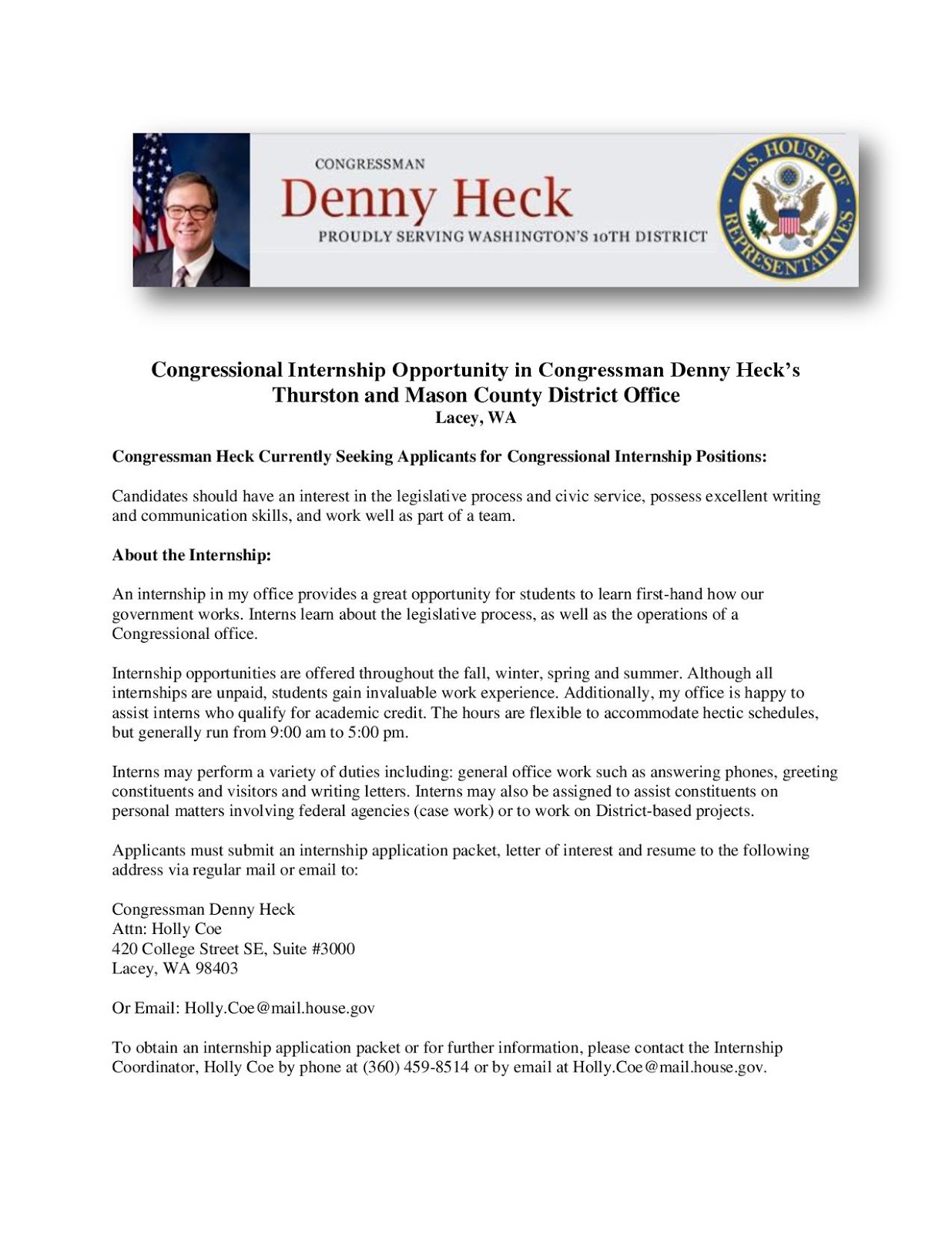 Congressional internship opportunity with Denny Heck's District Office