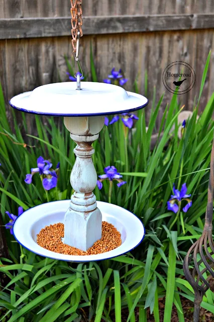 Hanging bird feeder made with enamelware plates