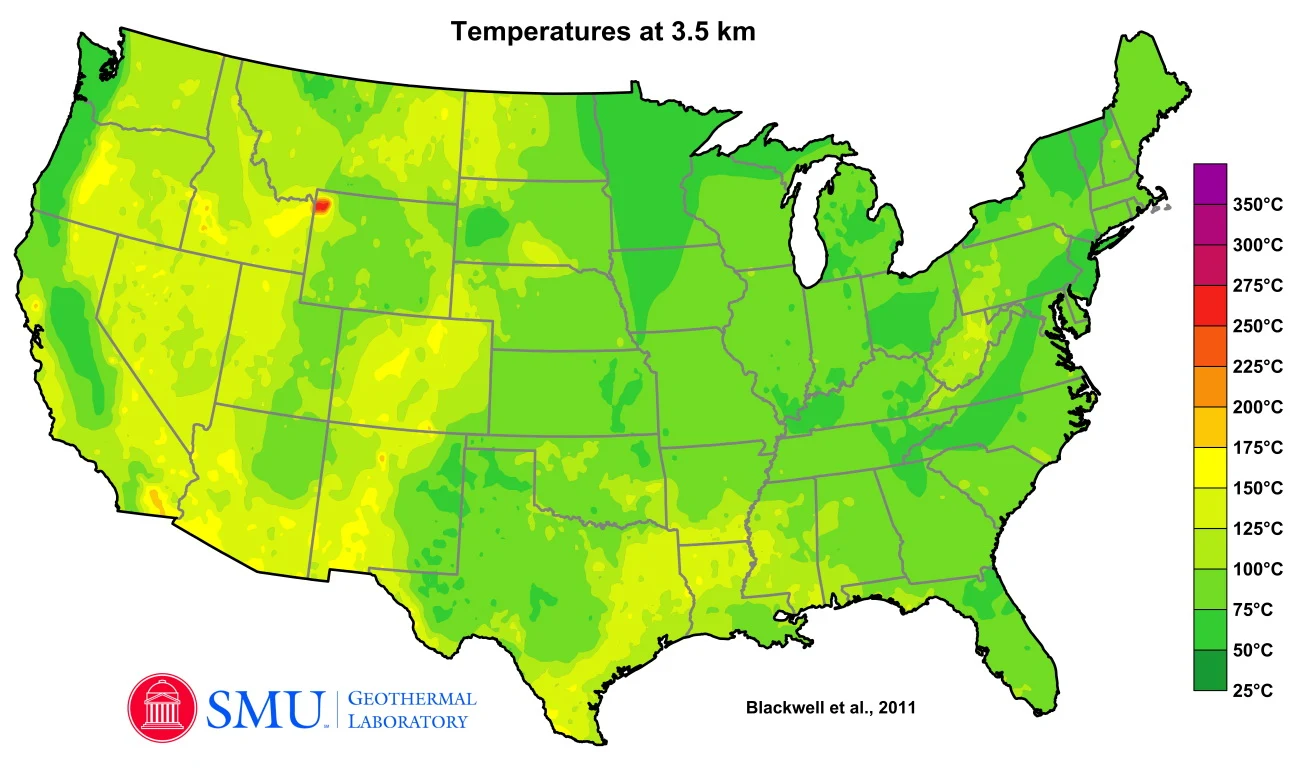 Temperature of rocks at 3.5 kilometers below the surface in the continental US