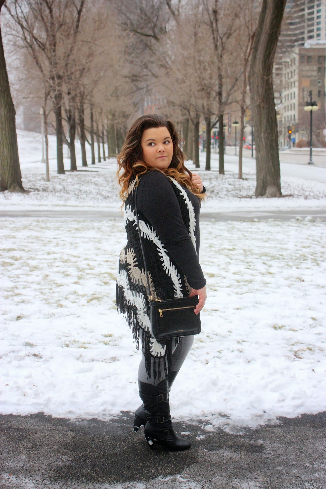 Natalie Craig, Natalie in The City, chicago, ootd, plus size fashion, fashion blogger, crochet vest, winter fashion 2015, mom fashion, curvy women, fatshion, gray jeans, curly ombre hair, thick girls, grant park, ralph lauren, lauren, wide calf boots, how to dress up a long sleeve shirt