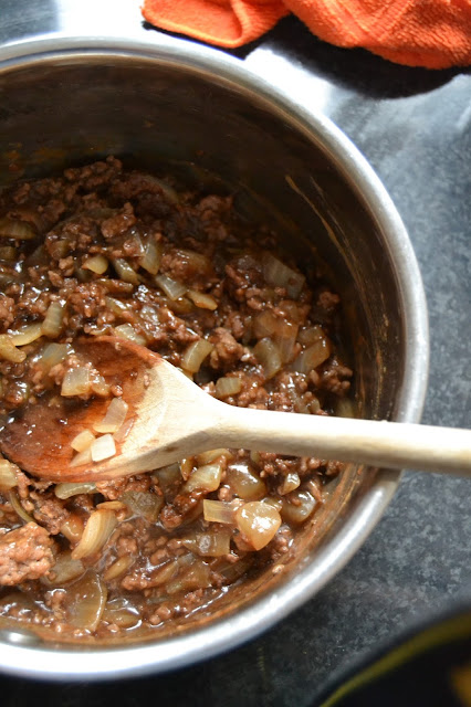 braised steak mince with onion and gravy browning.
