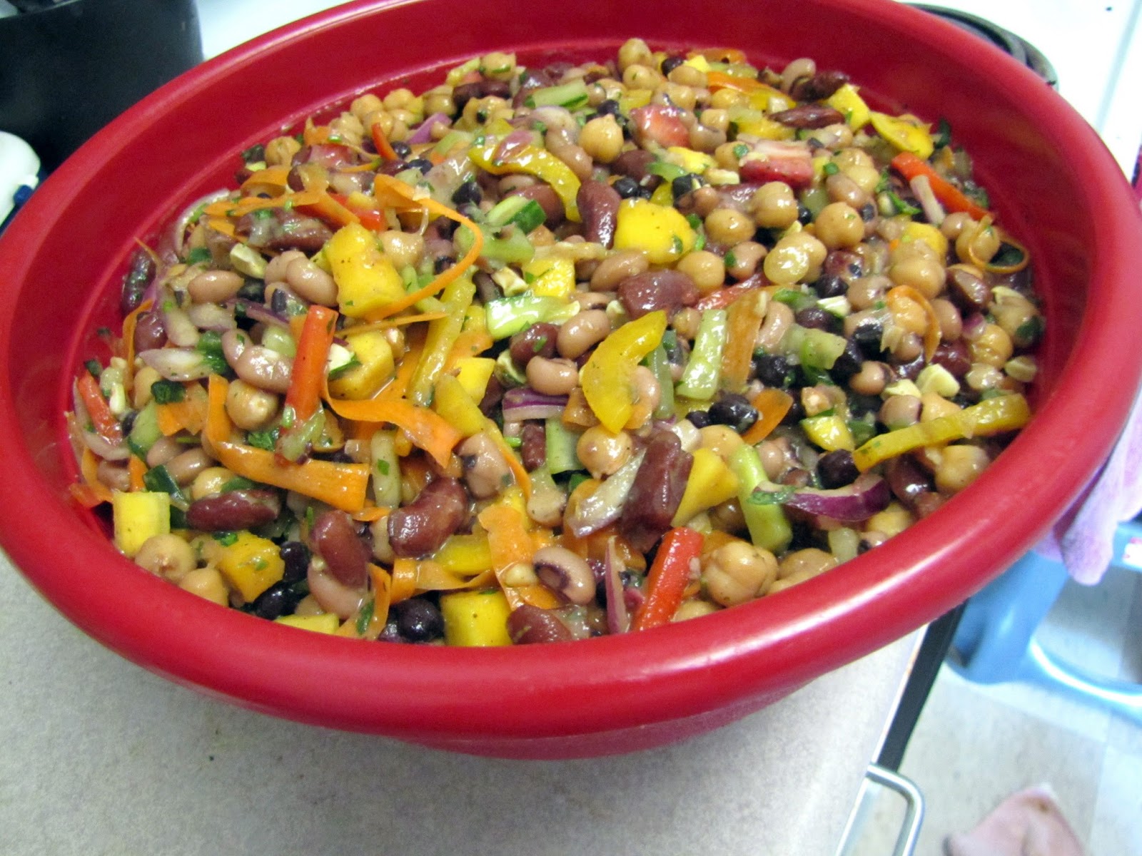 4 Bean Picnic Salad with carrots, cucumbers, peppers and mango