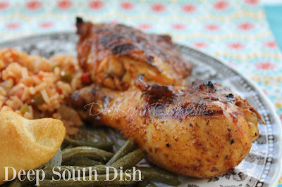 A flavorful grilled chicken, marinated in a bold and zesty blend of oil, citrus, garlic and fiery seasonings. Traditionally served with white rice, shown here with a mild, Spanish rice and skillet fried green beans.