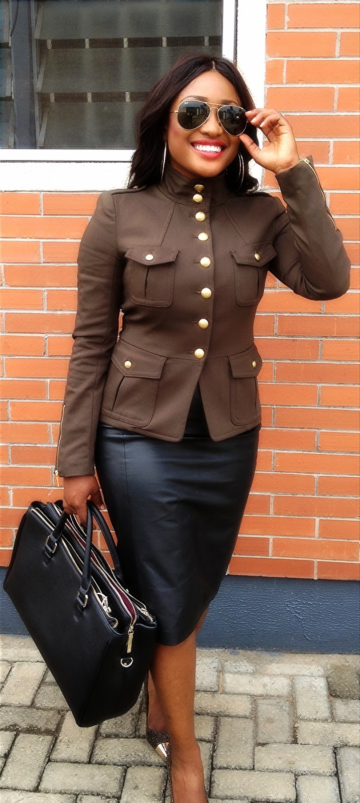 Toun 'AJ': Trend alert: Leather in vogue:Military jacket+leather skirt