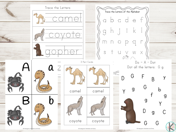 desert animals printables to help prek and kindergarten age kids practice upper and lowercae alphabet letters, trace animal names, letter recognition