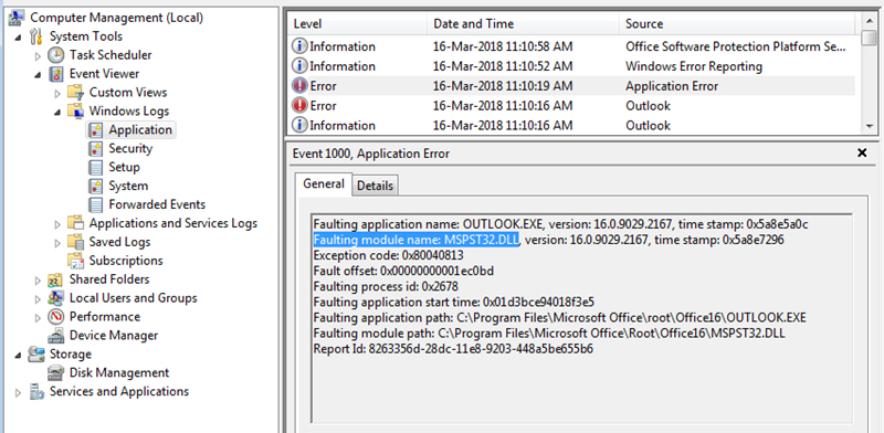 Outlook crashes with Fault Module MSPST32.dll