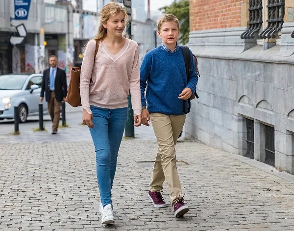 Queen Mathilde takes her kids, Prince Emmanuel, Princess Eleonore, Prince Gabriel, Crown Princess Elisabeth, to their first school day in Brussels