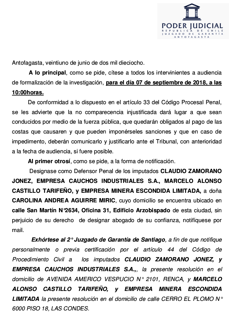 IMPUTADOS GERENTES GENERALES EMPRESAS MINERA ESCONDIDA LTDA. y CAUCHOS INDUSTRIALES S.A. (CAINSA).