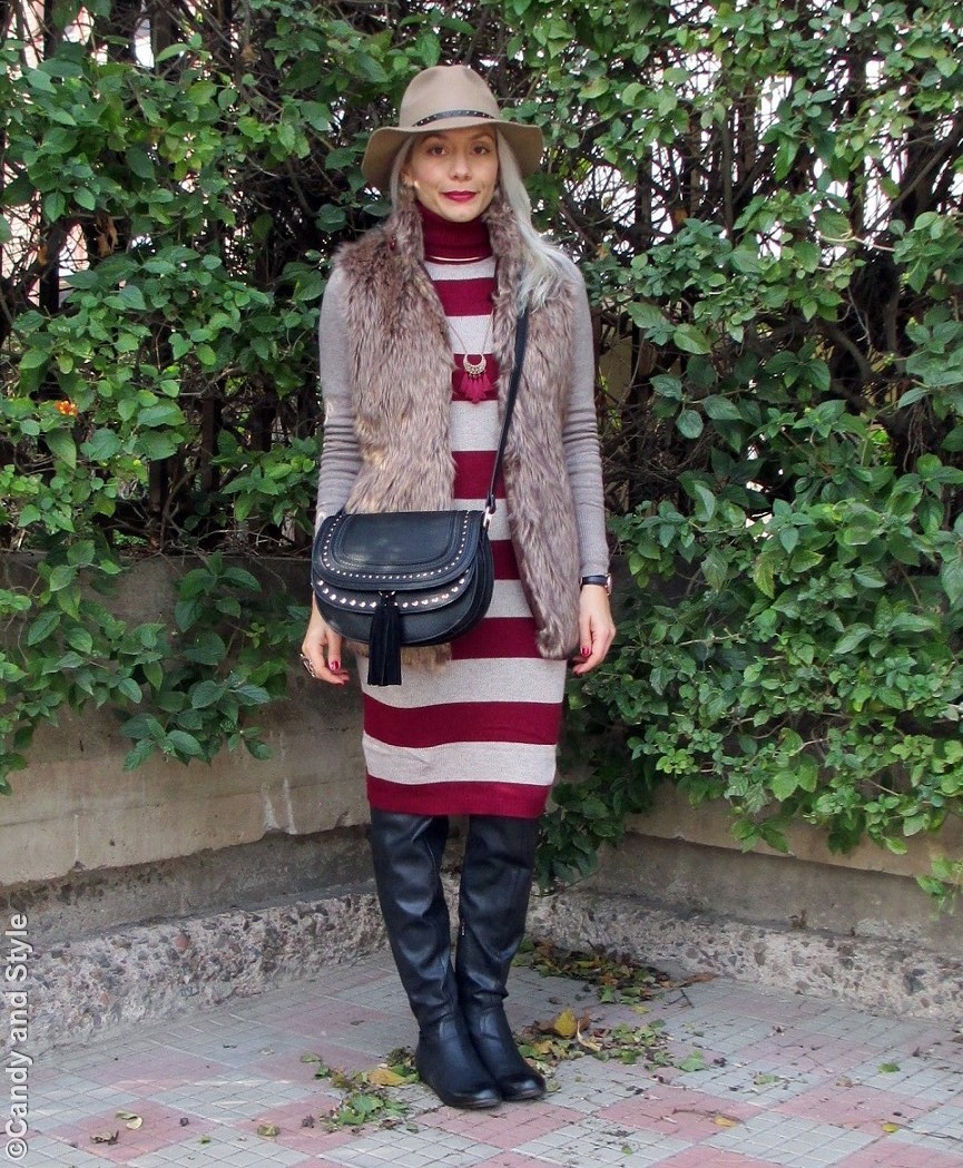 Winter Stripes | Faux Fur - Camel and Burgundy | Candy and Style