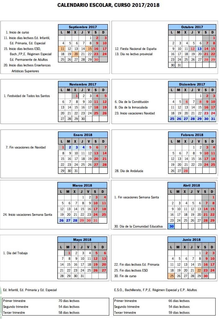 Calendario escolar 2017/2018