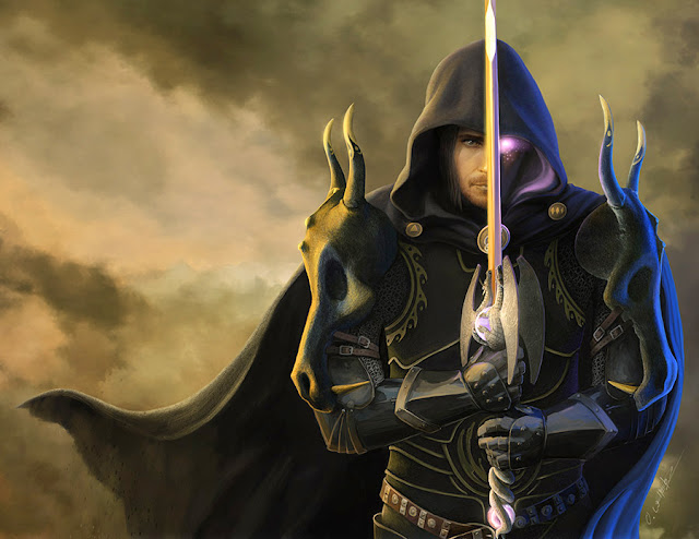 Cover art for Guardians of LEgend shocasing a dark knight with a sophisticated sword and cloak