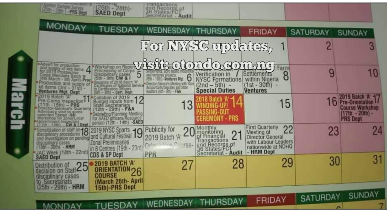 NYSC: NYSC 2019 Calendar Indicates that POP for 2018 Batch 'A' Is On