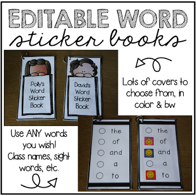 These editable word sticker books can be used for practice with ANY words you want! Perfect for sight word learning, name practice, vocabulary words, spelling lists, etc. Personalize the covers with your students names. Several cover options in color and black & white are included. A great word learning motivator! #sightwordstickerbook #sightwords #kindergarten #1stgrade #literacy #reading