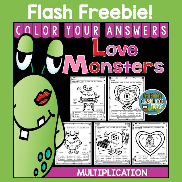 FLASH FREEBIE!  Valentine's Day Math: Valentine's Day Fun! Valentine's Day Love Monsters Multiplication Facts - Color Your Answers Printables for St. Valentine's Day Multiplication in your classroom.  Free until midnight Monday, Jan. 18th. If you download it for your February files, I sure would appreciate ♥feedback♥ 