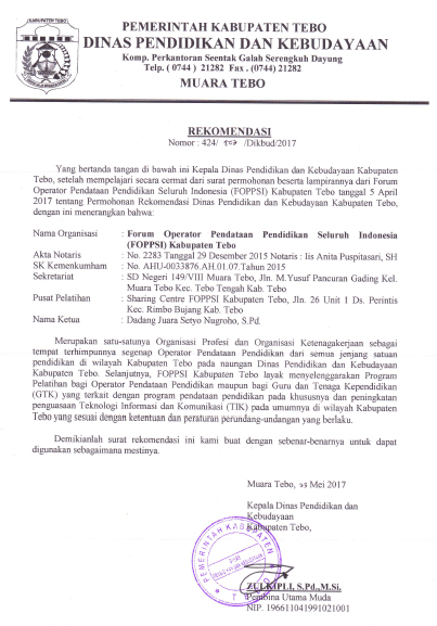 Surat Rekomendasi Dinas Pendidikan Dan Kebudayaan Kabupaten