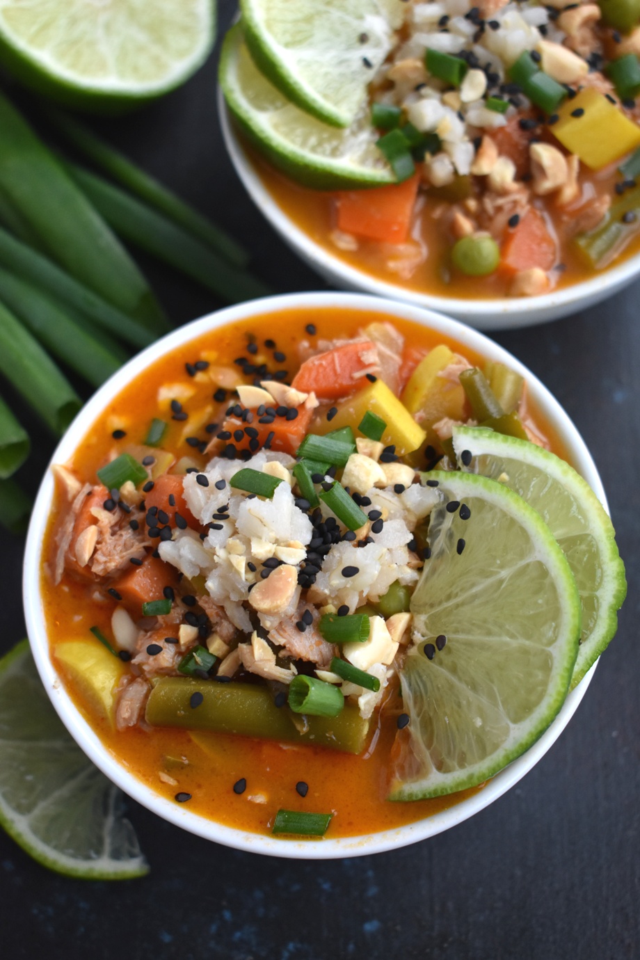 Thai Coconut Curry Soup is loaded with chicken, vegetables, brown rice and a Thai coconut curry broth. It is loaded with protein, vitamins and is the perfect warming meal ready in 30 minutes!