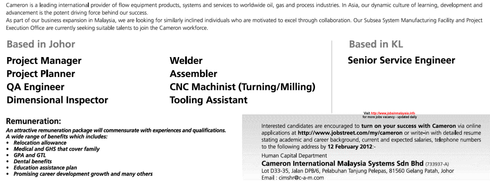 KERJA KOSONG CAMERON INTERNATIONAL MALAYSIA SYSTEM 2012 JOBS VACANCY