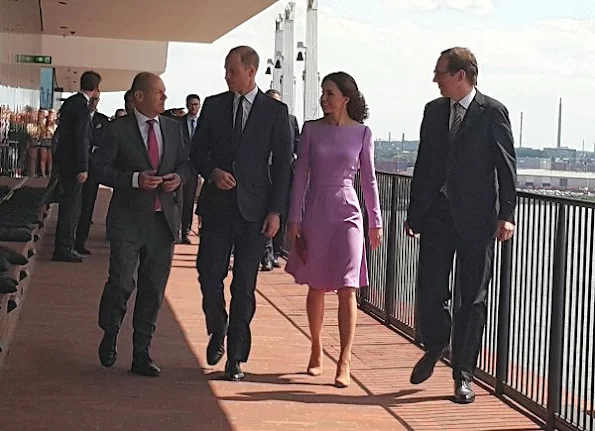 Kate Middleton wore Emilia Wickstead Esther Pespoke wool-crepe midi dress. Kiki McDonough Amethyst Earrings Gianvito Rossi Suede Pumps