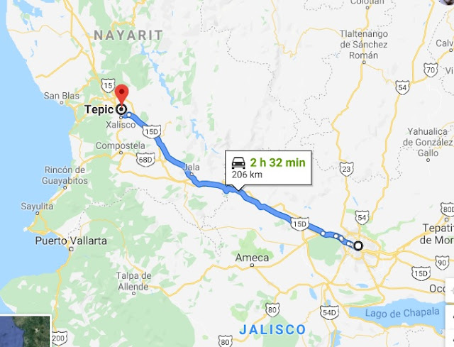 Ruta punto a Punto para viajar por carretera de Guadalajara a Tepic