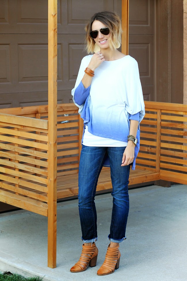 Ombre short hair, ombre batwing top and dark denim