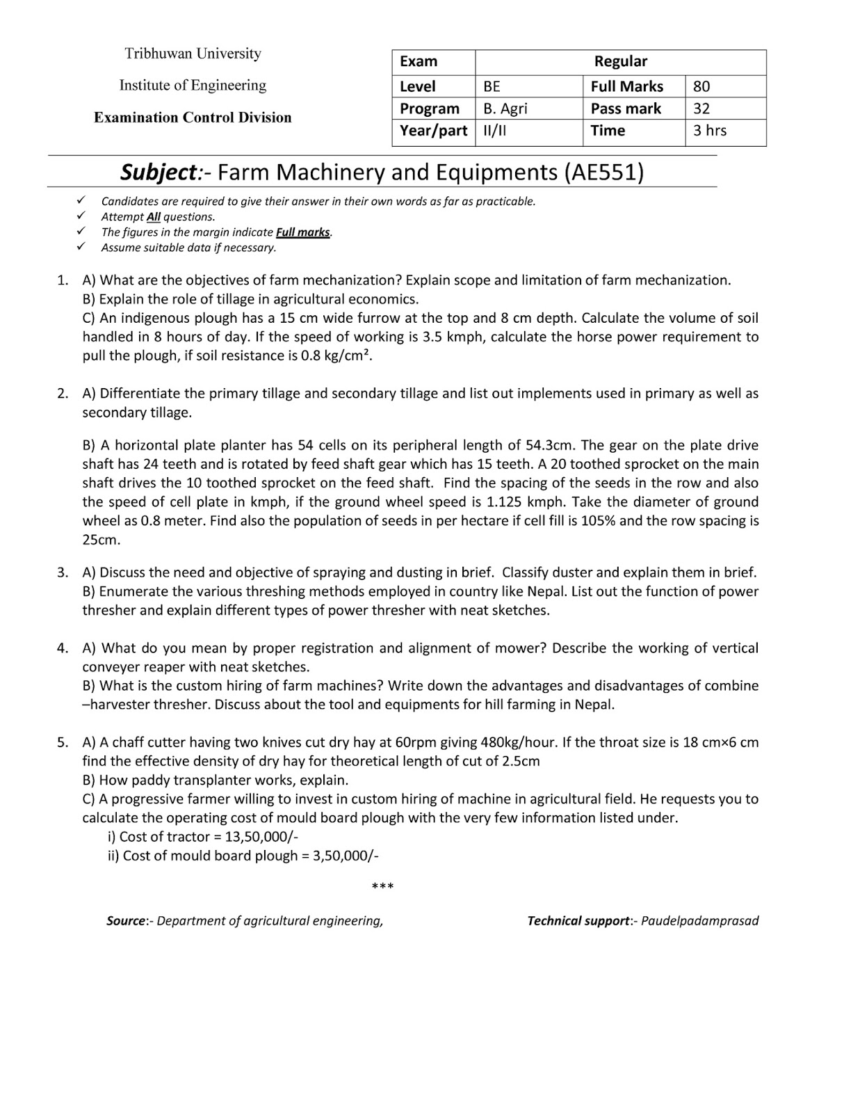 Farm Machinery and Equipment 2073 Bhadra question paper B.agri II/II
